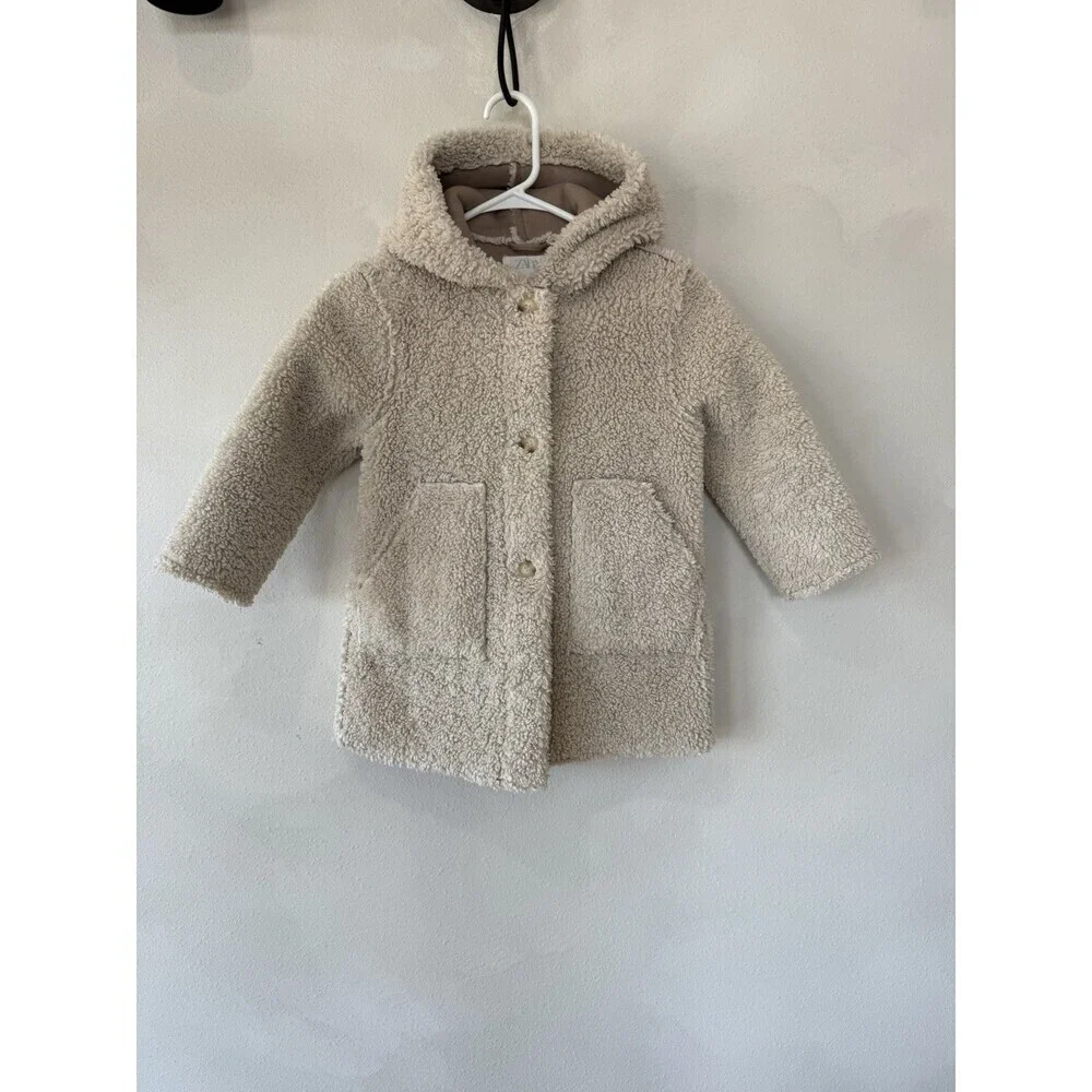 Zara Hooded Teddy Coat Beige Cream Size 6 Girls Youth Button Up Jacket Warm